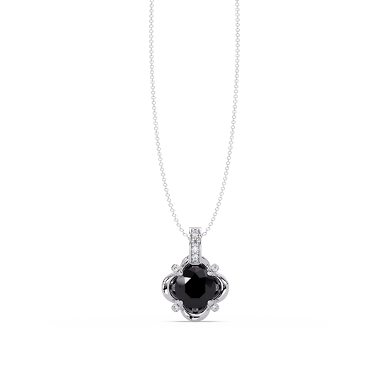 1.4 CTW Round Floral Frame Colorstone Pendant Necklace — Onyx Black — 14K White Gold