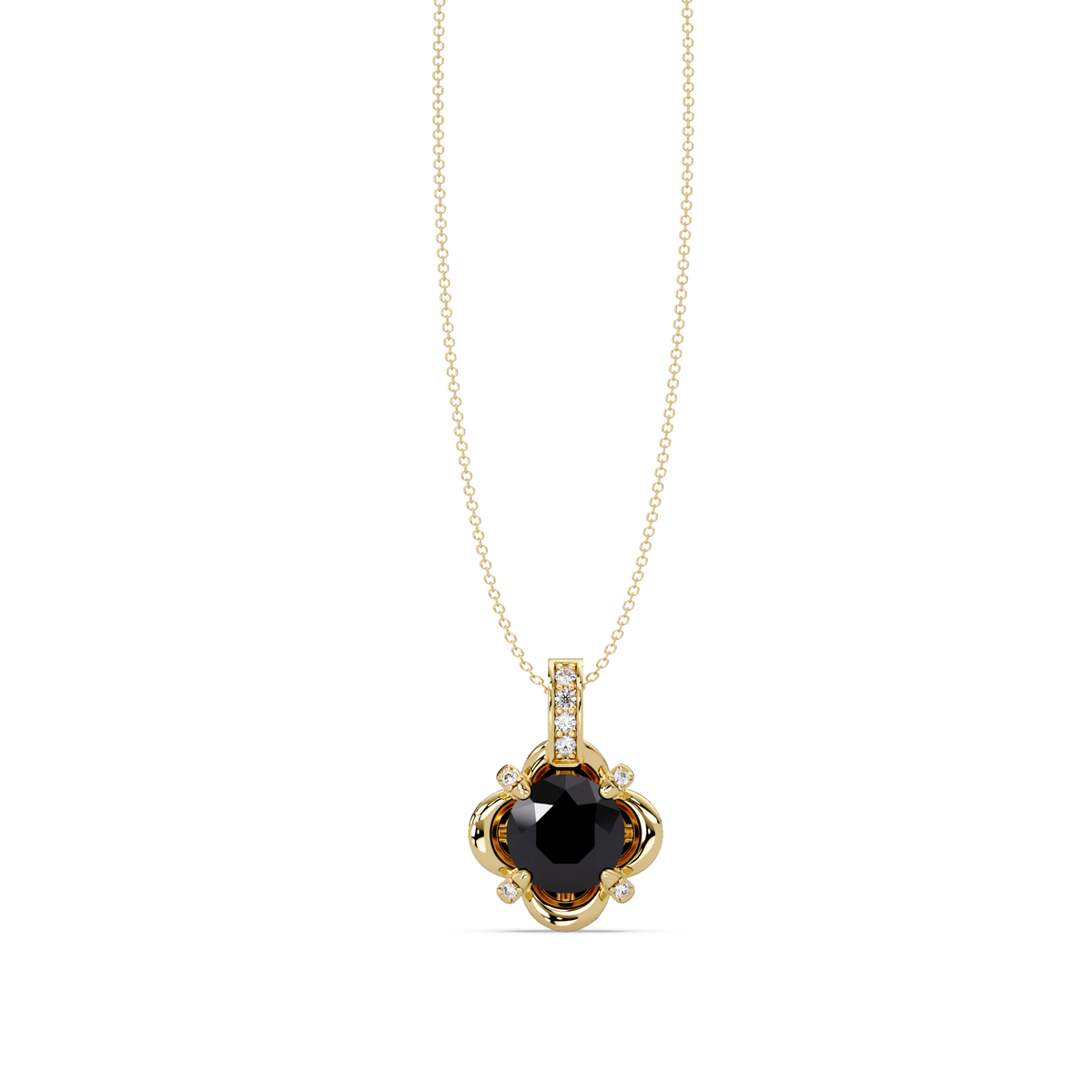 1.4 CTW Round Floral Frame Colorstone Pendant Necklace — Onyx Black — 14K Yellow Gold
