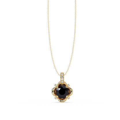 1.4 CTW Round Floral Frame Colorstone Pendant Necklace — Onyx Black — 14K Yellow Gold