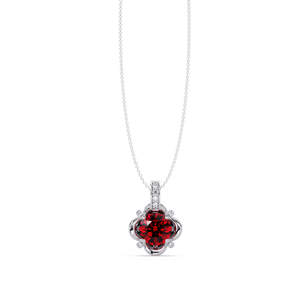 1.4 CTW Round Floral Frame Colorstone Pendant Necklace — Ruby Deep Red — 14K White Gold