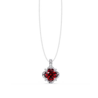 1.4 CTW Round Floral Frame Colorstone Pendant Necklace — Ruby Deep Red — 14K White Gold