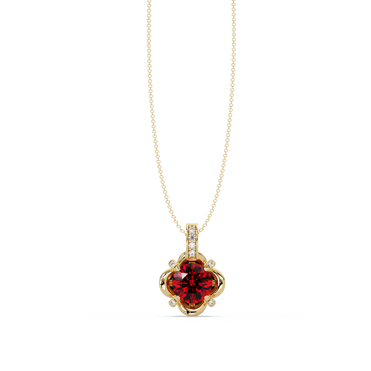 1.4 CTW Round Floral Frame Colorstone Pendant Necklace — Ruby Deep Red — 14K Yellow Gold