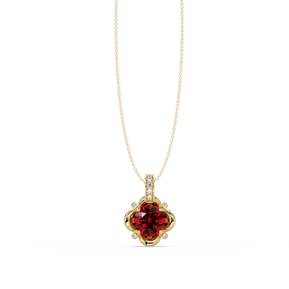 1.4 CTW Round Floral Frame Colorstone Pendant Necklace — Ruby Deep Red — 14K Yellow Gold