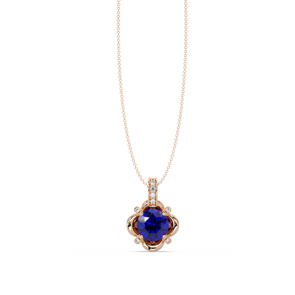 1.4 CTW Round Floral Frame Colorstone Pendant Necklace — Sapphire Royal Blue — 14K Rose Gold