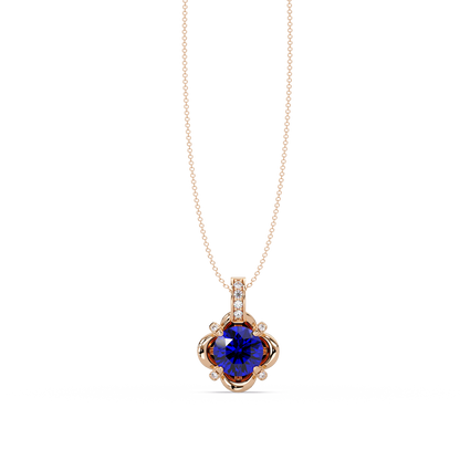 1.4 CTW Round Floral Frame Colorstone Pendant Necklace — Sapphire Royal Blue — 14K Rose Gold
