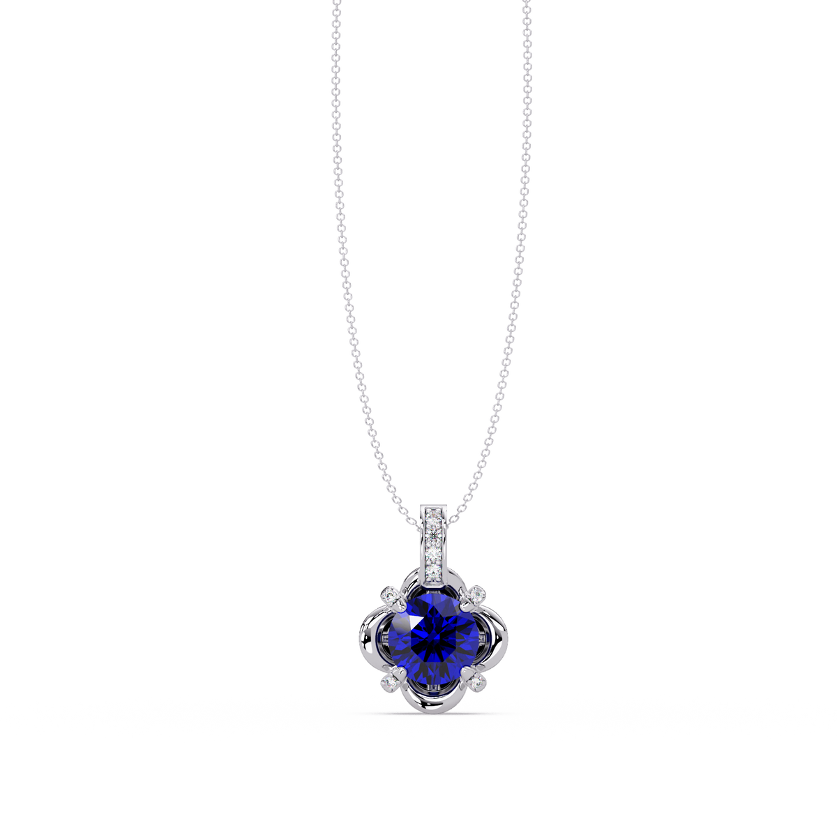 1.4 CTW Round Floral Frame Colorstone Pendant Necklace — Sapphire Royal Blue — 14K White Gold