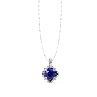 1.4 CTW Round Floral Frame Colorstone Pendant Necklace — Sapphire Royal Blue — 14K White Gold