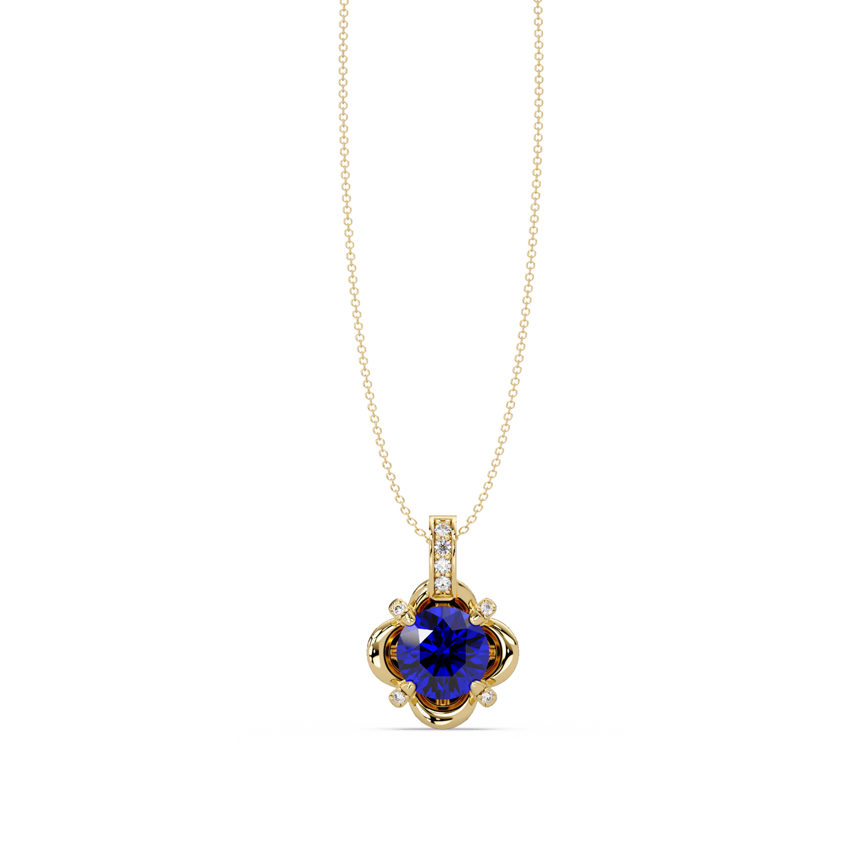 1.4 CTW Round Floral Frame Colorstone Pendant Necklace — Sapphire Royal Blue — 14K Yellow Gold