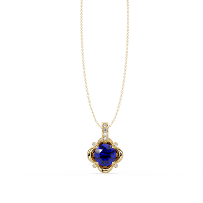 1.4 CTW Round Floral Frame Colorstone Pendant Necklace — Sapphire Royal Blue — 14K Yellow Gold