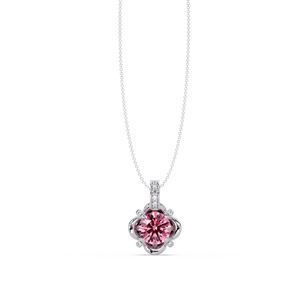 1.4 CTW Round Floral Frame Colorstone Pendant Necklace — Tourmaline Rose Pink — 14K White Gold