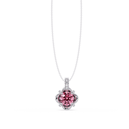 1.4 CTW Round Floral Frame Colorstone Pendant Necklace — Tourmaline Rose Pink — 14K White Gold