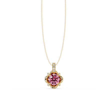 1.4 CTW Round Floral Frame Colorstone Pendant Necklace — Tourmaline Rose Pink — 14K Yellow Gold