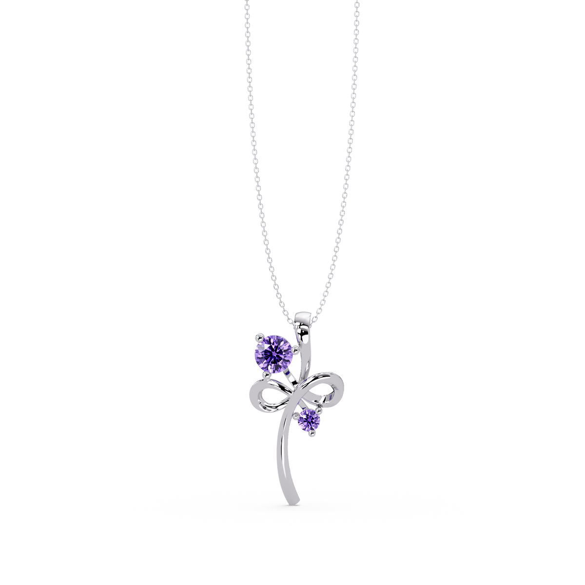 0.6 CTW Double Round Bow Colorstone Pendant Necklace — Amethyst Lavender — 14K White Gold