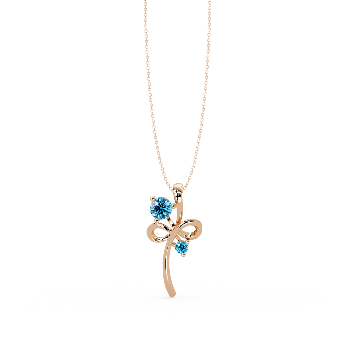 0.6 CTW Double Round Bow Colorstone Pendant Necklace — Aquamarine Sky Blue — 14K Rose Gold
