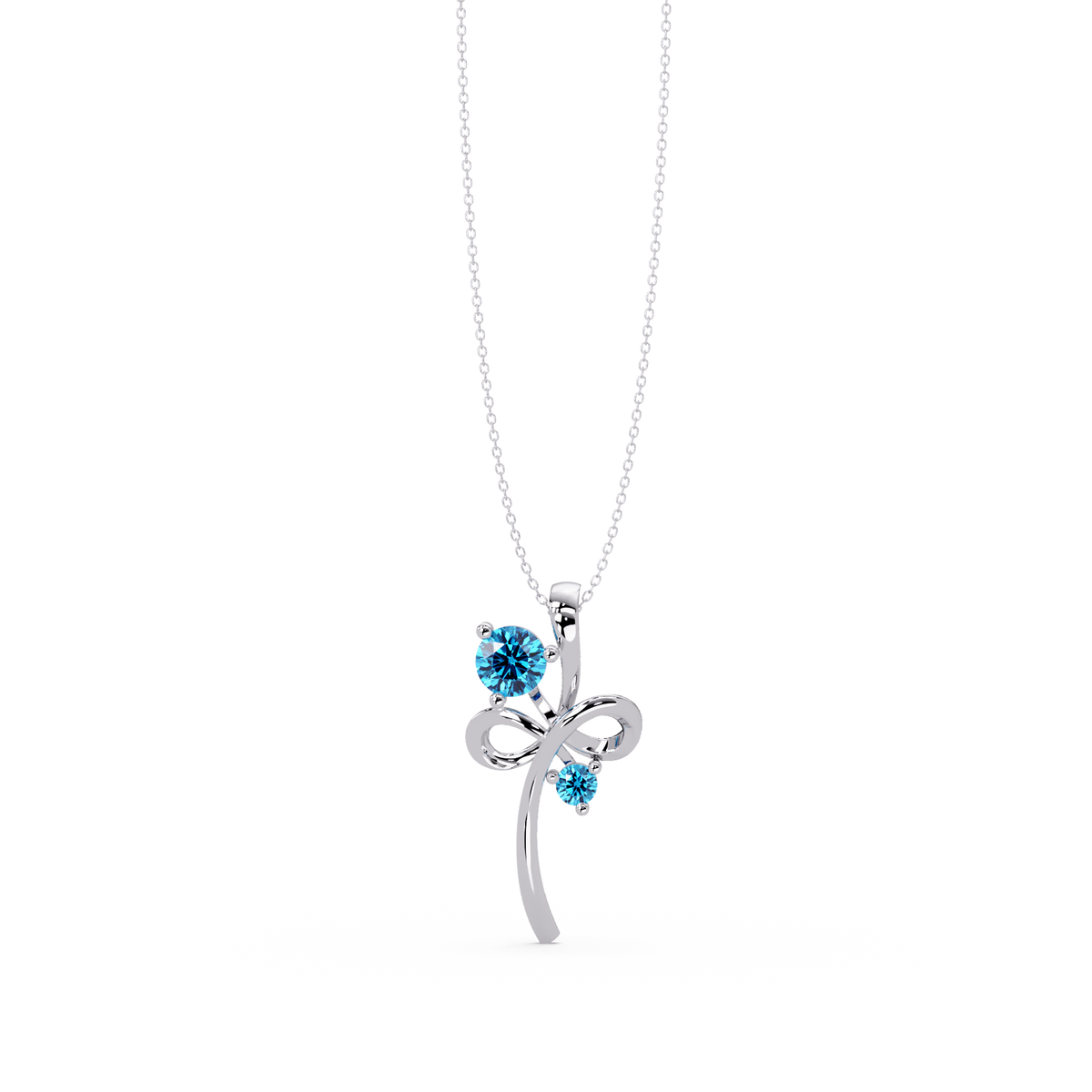 0.6 CTW Double Round Bow Colorstone Pendant Necklace — Aquamarine Sky Blue — 14K White Gold