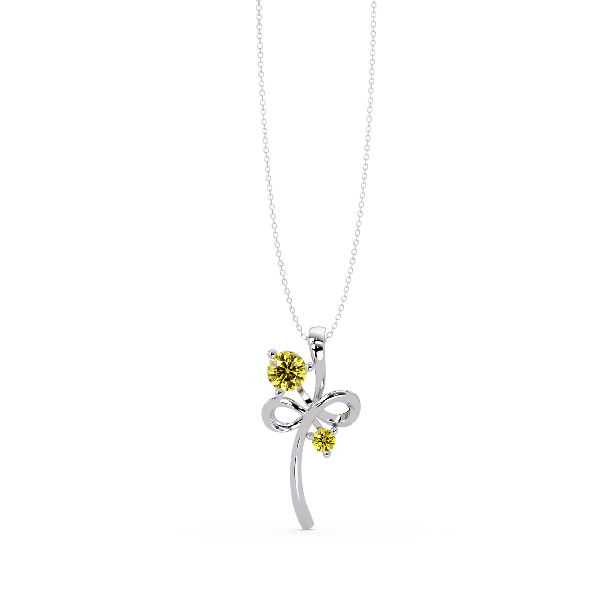 0.6 CTW Double Round Bow Colorstone Pendant Necklace — Citrine Lemon Yellow — 14K White Gold