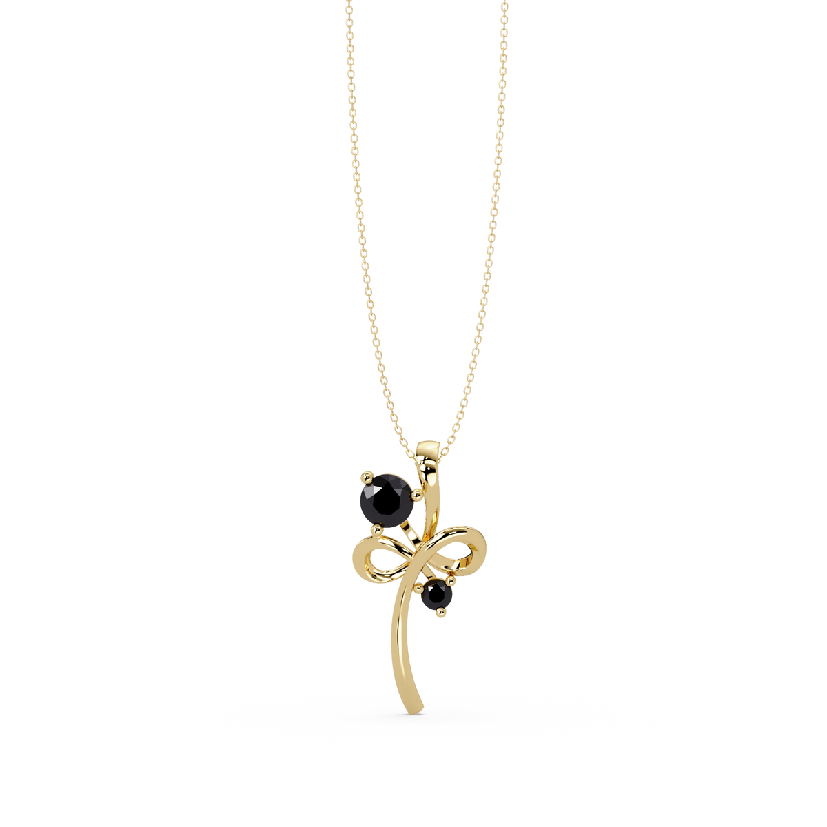 0.6 CTW Double Round Bow Colorstone Pendant Necklace — Onyx Black — 14K Yellow Gold