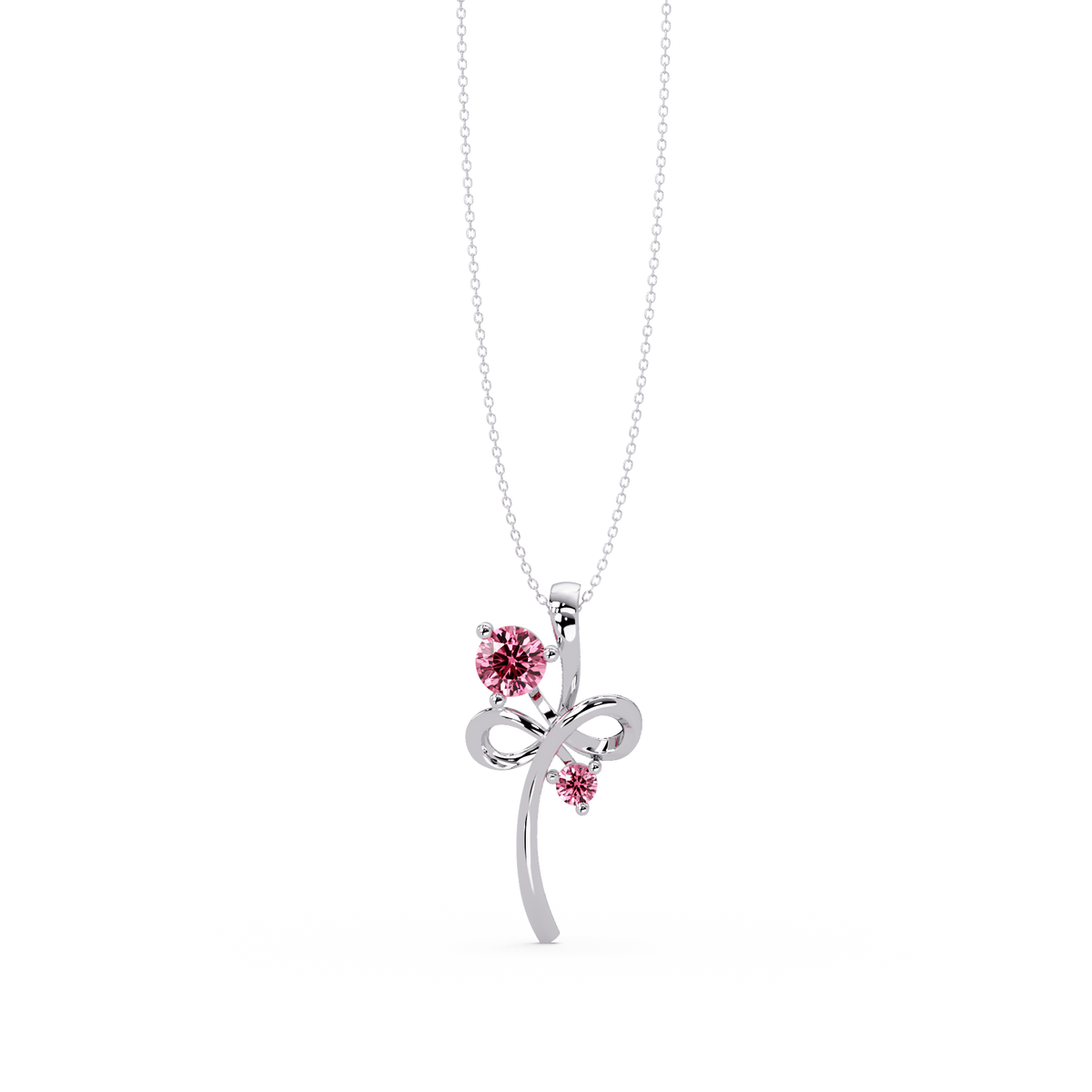 0.6 CTW Double Round Bow Colorstone Pendant Necklace — Tourmaline Rose Pink — 14K White Gold