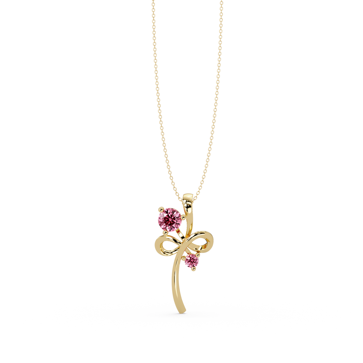0.6 CTW Double Round Bow Colorstone Pendant Necklace — Tourmaline Rose Pink — 14K Yellow Gold