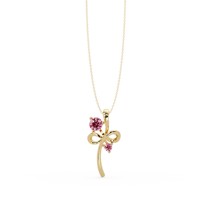 0.6 CTW Double Round Bow Colorstone Pendant Necklace — Tourmaline Rose Pink — 14K Yellow Gold