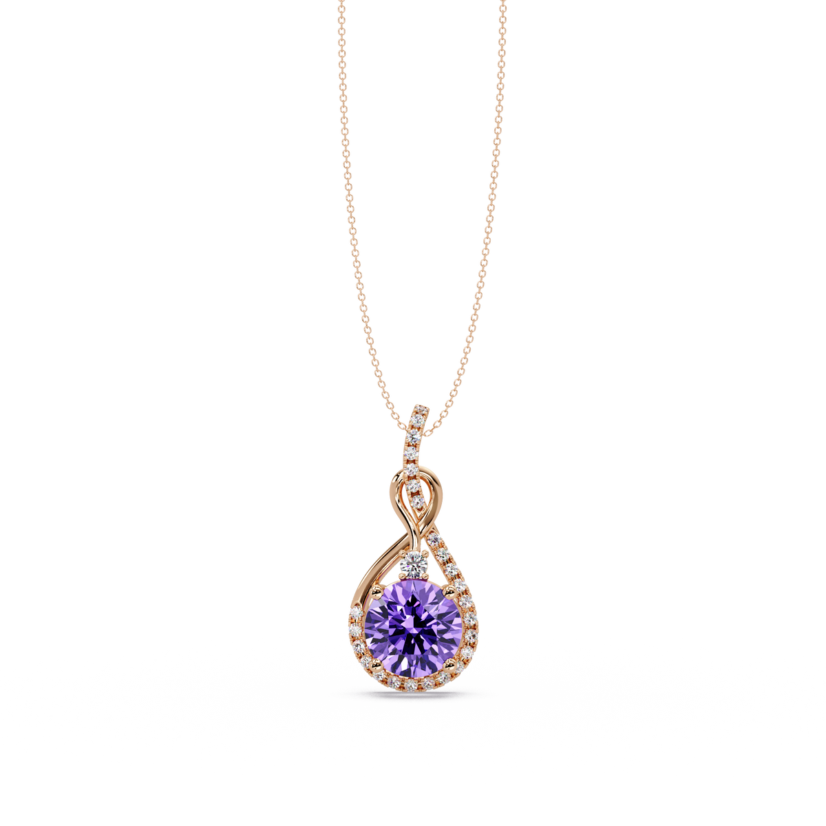 3.4 CTW Round Teardrop Halo Colorstone Pendant Necklace — Amethyst Lavender — 14K Rose Gold