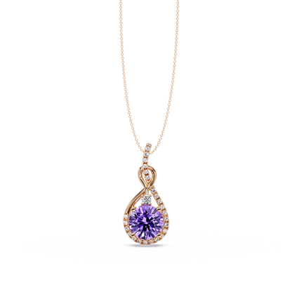 3.4 CTW Round Teardrop Halo Colorstone Pendant Necklace — Amethyst Lavender — 14K Rose Gold