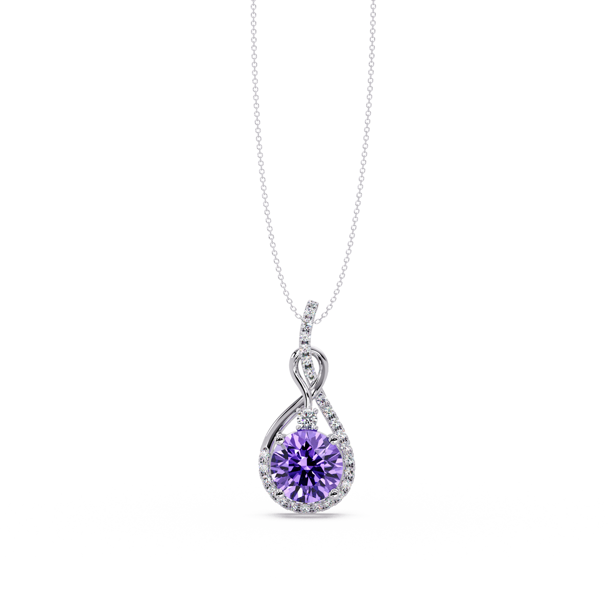 3.4 CTW Round Teardrop Halo Colorstone Pendant Necklace — Amethyst Lavender — 14K White Gold