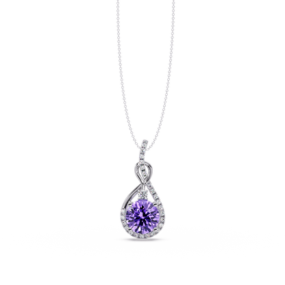 3.4 CTW Round Teardrop Halo Colorstone Pendant Necklace — Amethyst Lavender — 14K White Gold