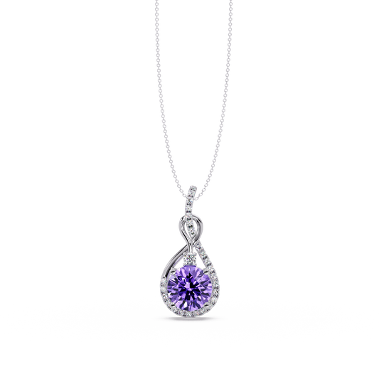 3.4 CTW Round Teardrop Halo Colorstone Pendant Necklace — Amethyst Lavender — 14K White Gold