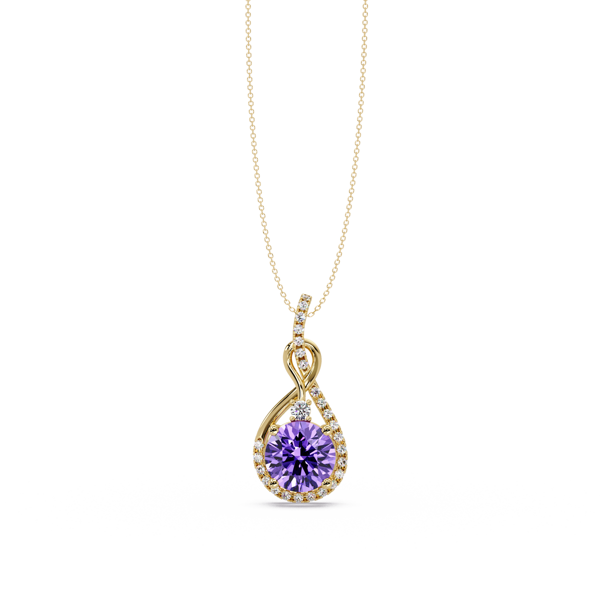 3.4 CTW Round Teardrop Halo Colorstone Pendant Necklace — Amethyst Lavender — 14K Yellow Gold