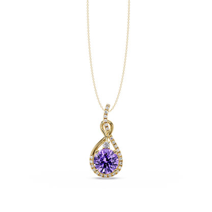 3.4 CTW Round Teardrop Halo Colorstone Pendant Necklace — Amethyst Lavender — 14K Yellow Gold