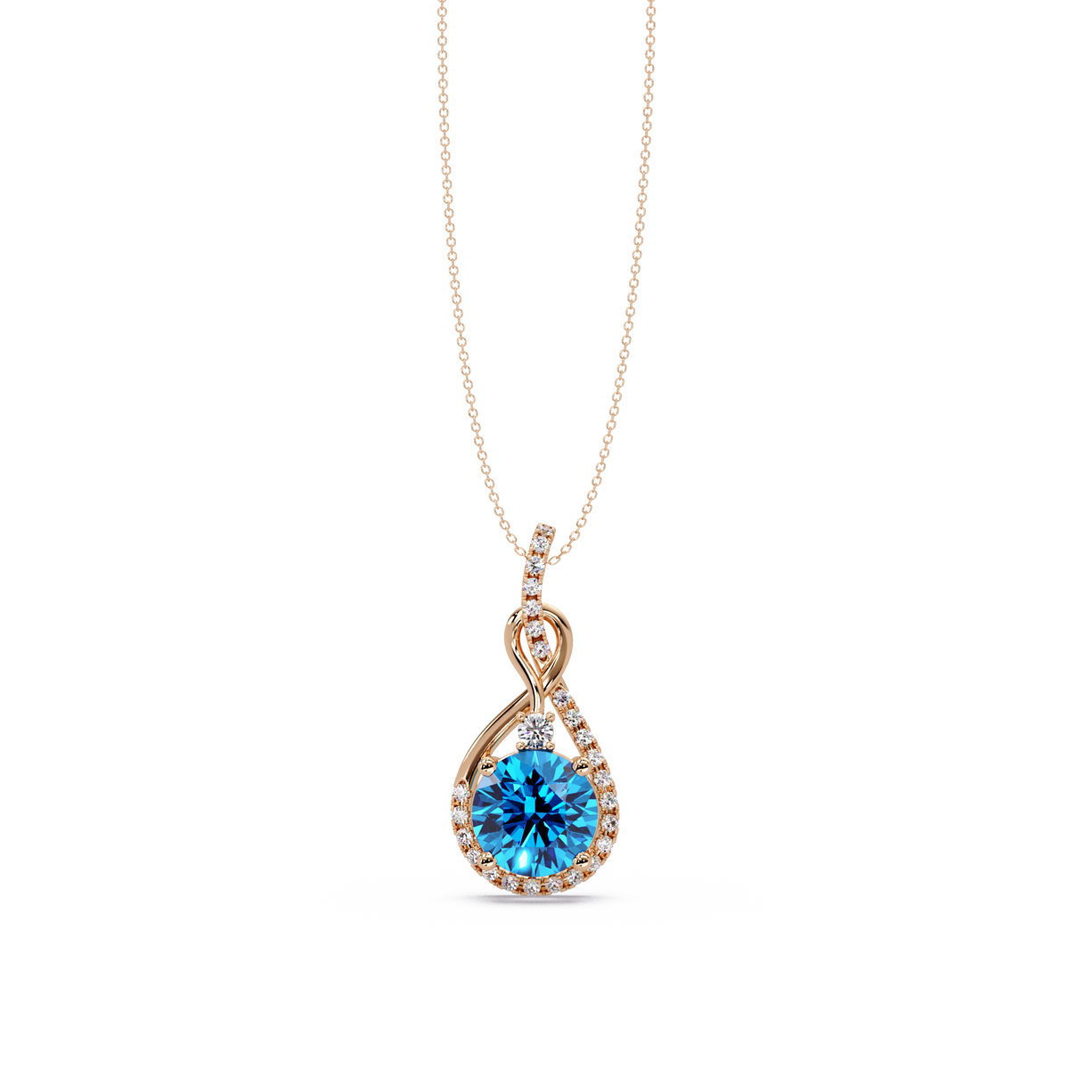 3.4 CTW Round Teardrop Halo Colorstone Pendant Necklace — Aquamarine Sky Blue — 14K Rose Gold