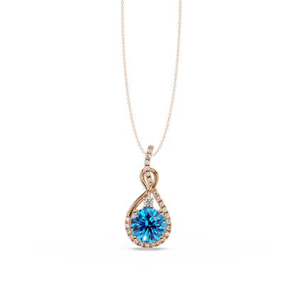 3.4 CTW Round Teardrop Halo Colorstone Pendant Necklace — Aquamarine Sky Blue — 14K Rose Gold