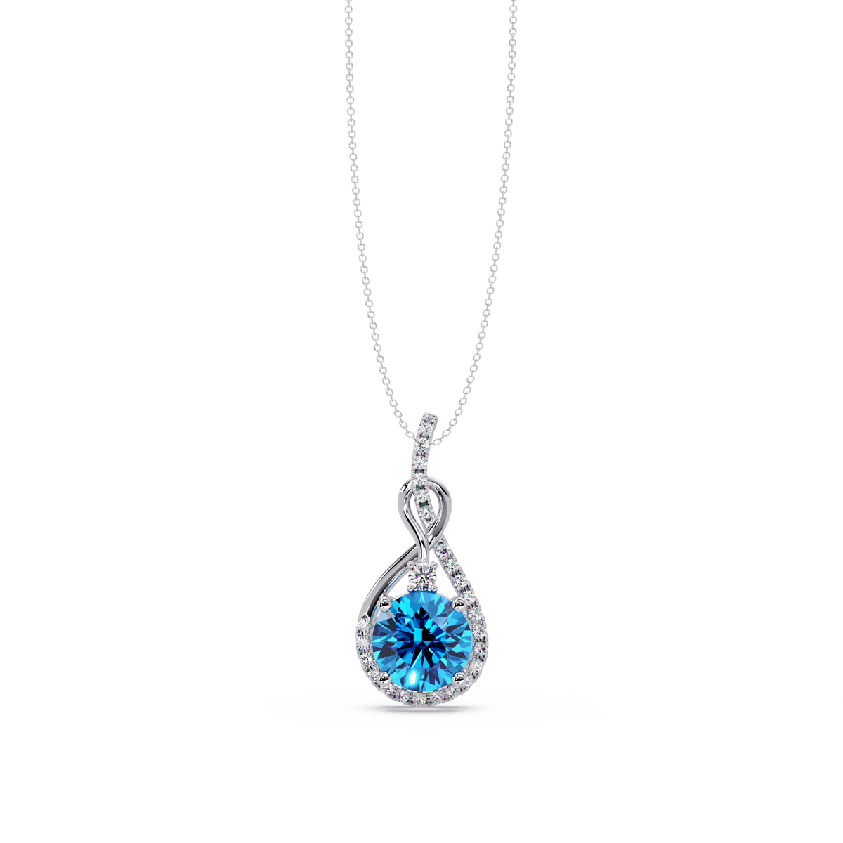 3.4 CTW Round Teardrop Halo Colorstone Pendant Necklace — Aquamarine Sky Blue — 14K White Gold