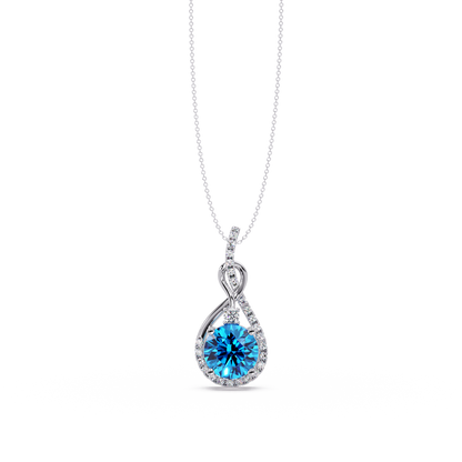3.4 CTW Round Teardrop Halo Colorstone Pendant Necklace — Aquamarine Sky Blue — 14K White Gold