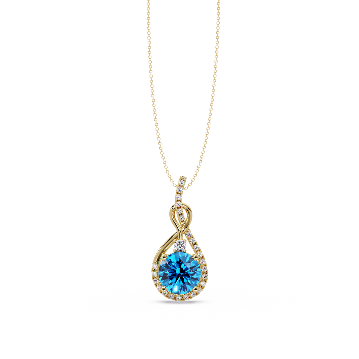 3.4 CTW Round Teardrop Halo Colorstone Pendant Necklace — Aquamarine Sky Blue — 14K Yellow Gold