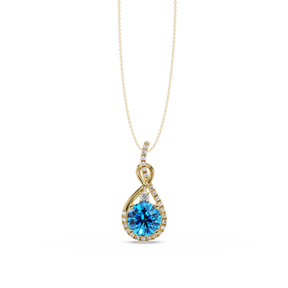 3.4 CTW Round Teardrop Halo Colorstone Pendant Necklace — Aquamarine Sky Blue — 14K Yellow Gold