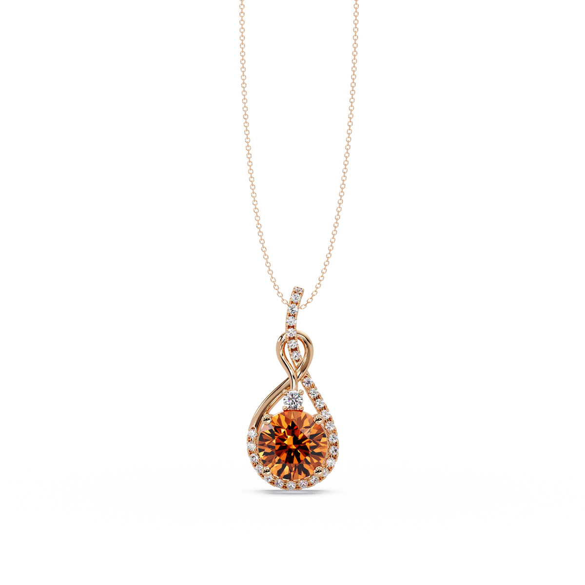 3.4 CTW Round Teardrop Halo Colorstone Pendant Necklace — Champagne Topaz Amber — 14K Rose Gold