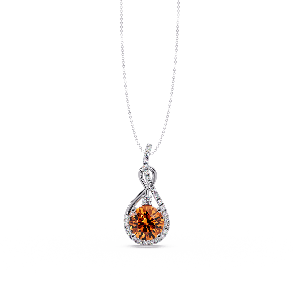 3.4 CTW Round Teardrop Halo Colorstone Pendant Necklace — Champagne Topaz Amber — 14K White Gold