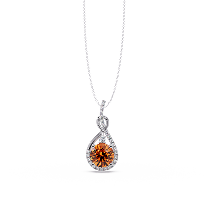3.4 CTW Round Teardrop Halo Colorstone Pendant Necklace — Champagne Topaz Amber — 14K White Gold