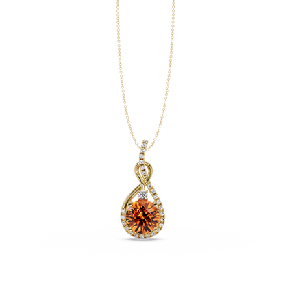 3.4 CTW Round Teardrop Halo Colorstone Pendant Necklace — Champagne Topaz Amber — 14K Yellow Gold