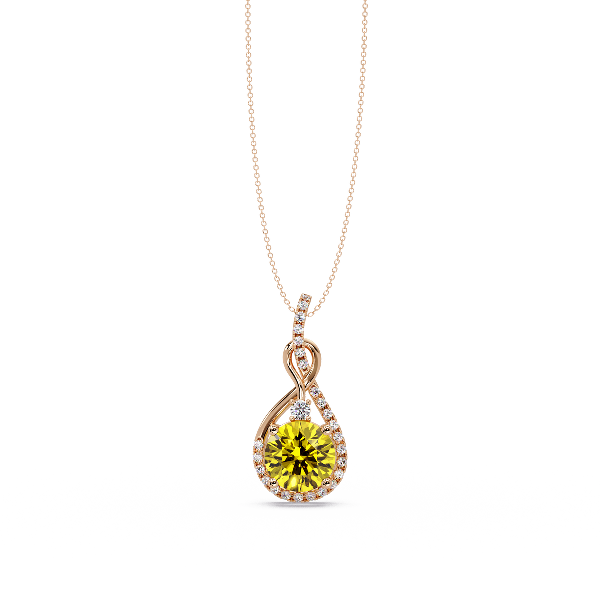 3.4 CTW Round Teardrop Halo Colorstone Pendant Necklace — Citrine Lemon Yellow — 14K Rose Gold