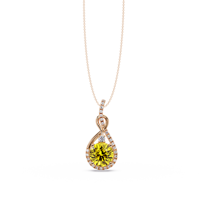 3.4 CTW Round Teardrop Halo Colorstone Pendant Necklace — Citrine Lemon Yellow — 14K Rose Gold