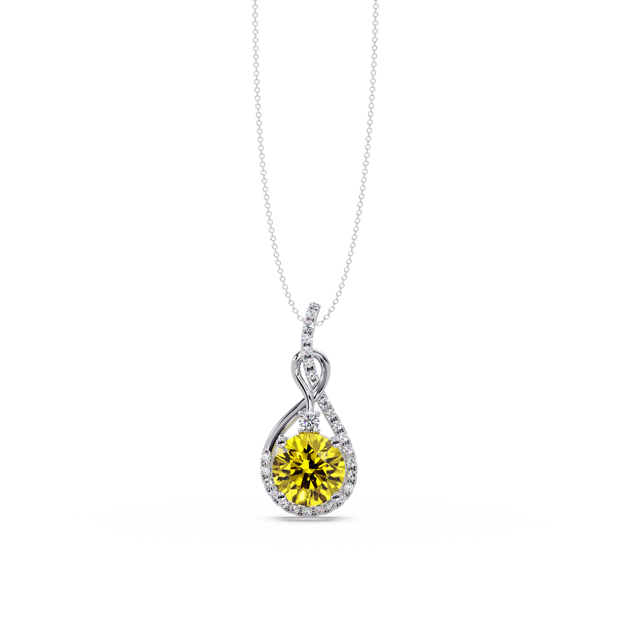3.4 CTW Round Teardrop Halo Colorstone Pendant Necklace — Citrine Lemon Yellow — 14K White Gold