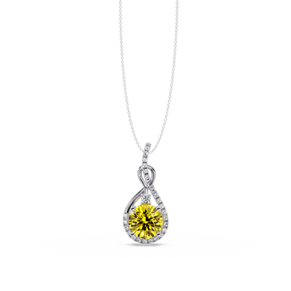 3.4 CTW Round Teardrop Halo Colorstone Pendant Necklace — Citrine Lemon Yellow — 14K White Gold