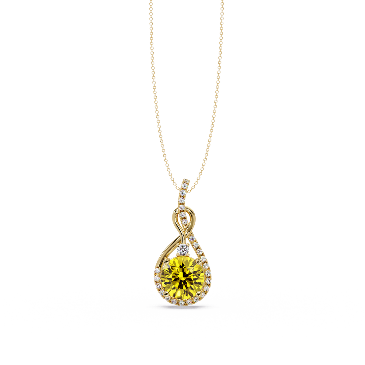 3.4 CTW Round Teardrop Halo Colorstone Pendant Necklace — Citrine Lemon Yellow — 14K Yellow Gold