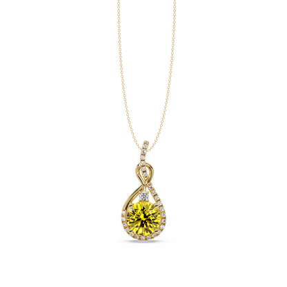 3.4 CTW Round Teardrop Halo Colorstone Pendant Necklace — Citrine Lemon Yellow — 14K Yellow Gold