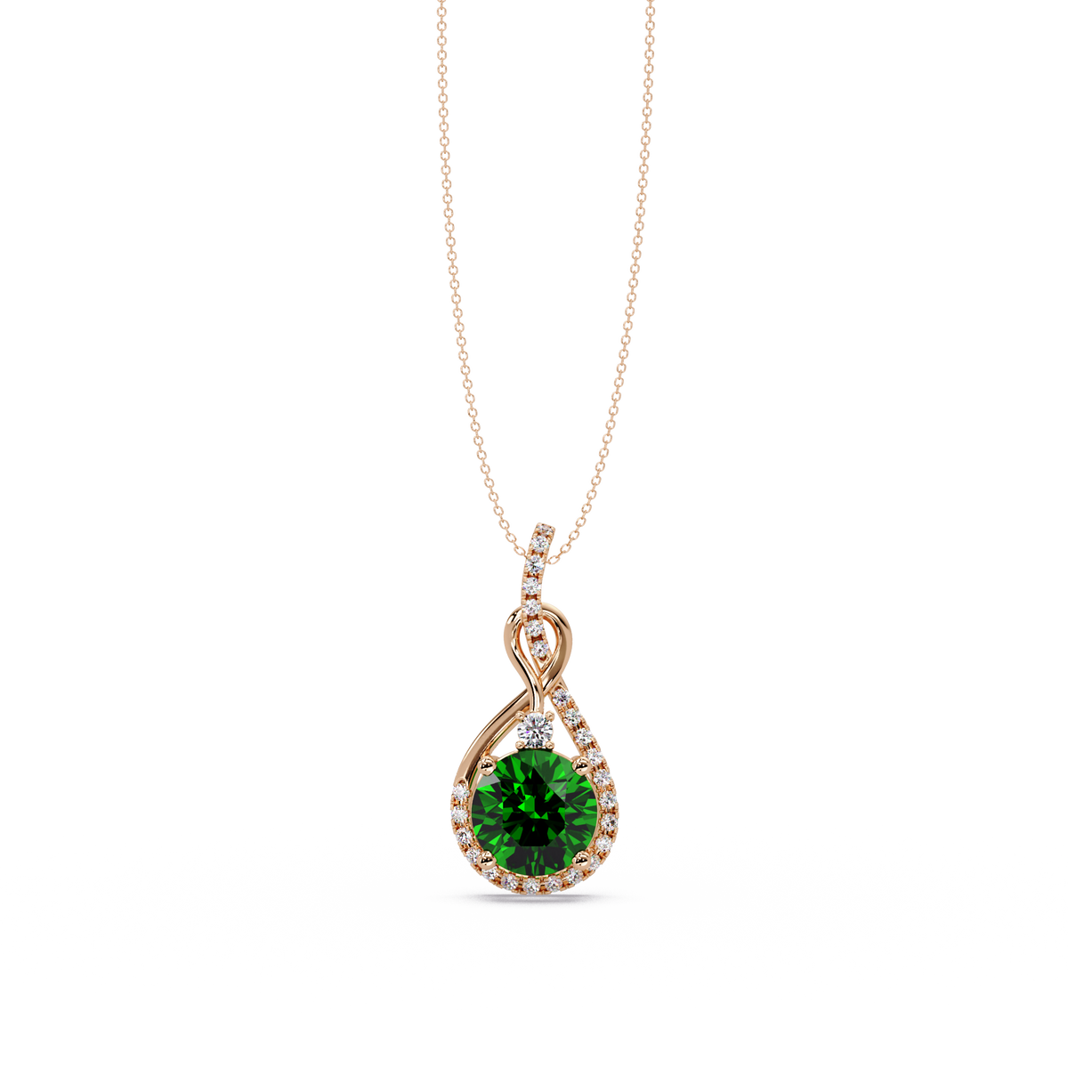 3.4 CTW Round Teardrop Halo Colorstone Pendant Necklace — Emerald Deep Green — 14K Rose Gold
