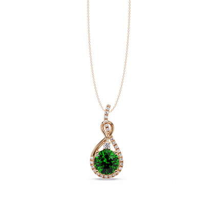 3.4 CTW Round Teardrop Halo Colorstone Pendant Necklace — Emerald Deep Green — 14K Rose Gold
