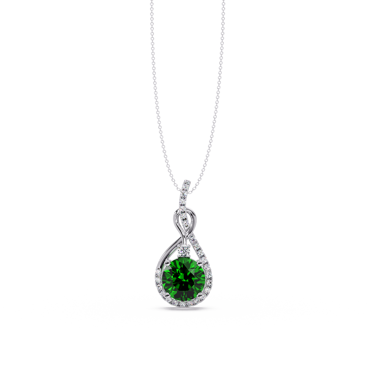 3.4 CTW Round Teardrop Halo Colorstone Pendant Necklace — Emerald Deep Green — 14K White Gold